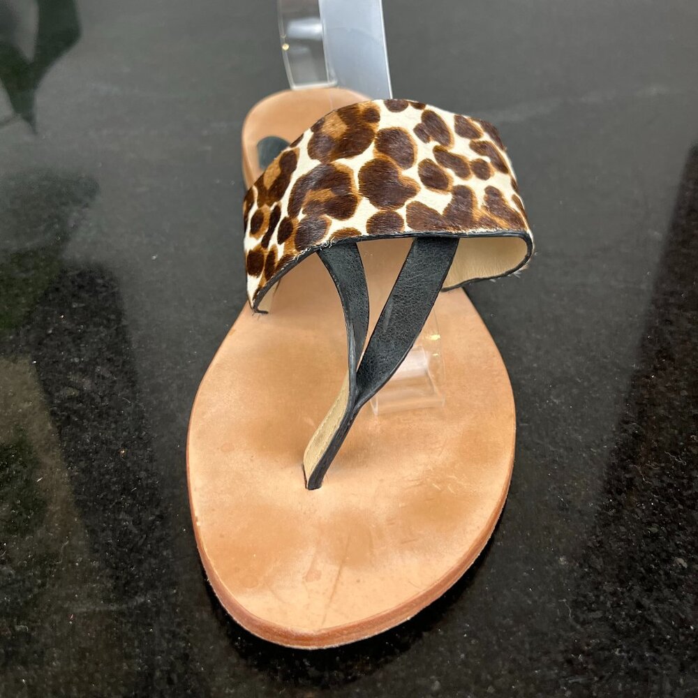 Trask Shay Leather Thong Sandal Slip On Leopard Print Calfhair 6.5 M